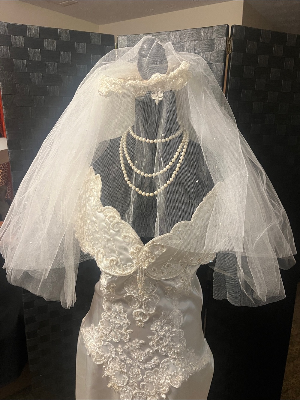 Vintage Ivory  Satin Off-Shoulder Bridal Gown with Lace Applique